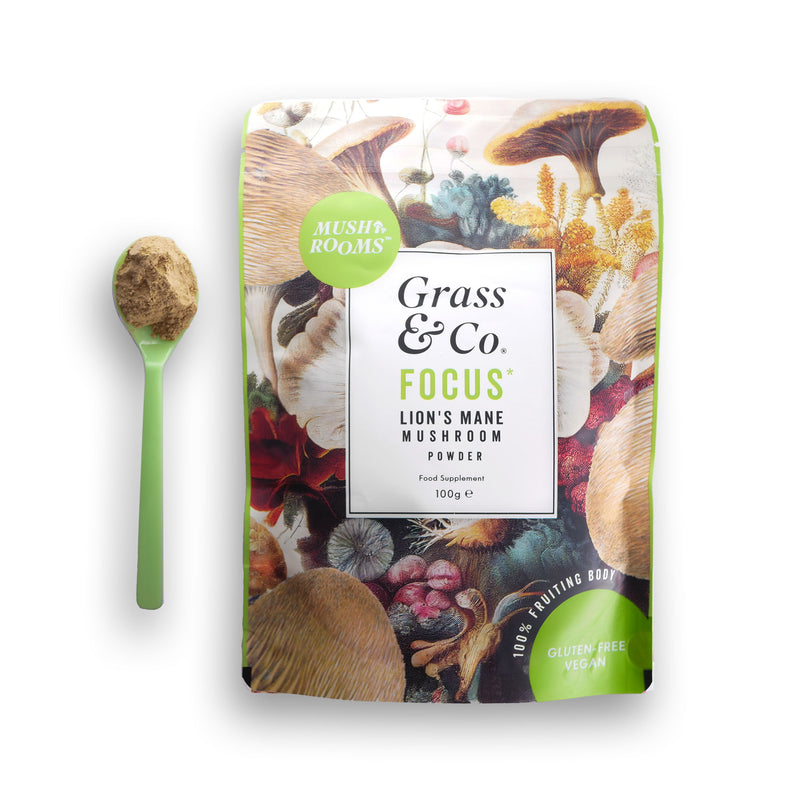 FOCUS - Lion's Mane Mushroom powder with Ginseng + Omega3 for Brain Health - Grass & Co.