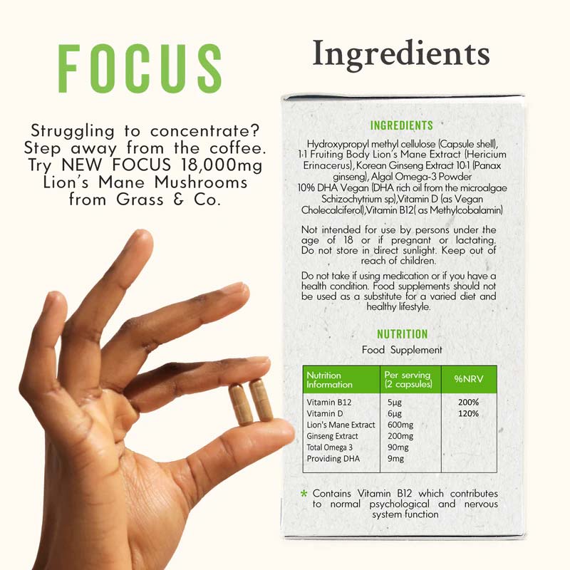 FOCUS - Lion’s Mane Mushroom Supplement Capsules for Focus - Grass & Co.
