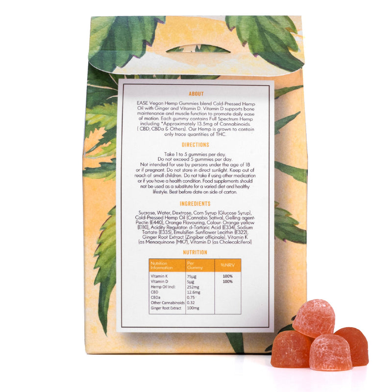 Ingredients of EASE CBD gummies for pain printed on the packaging