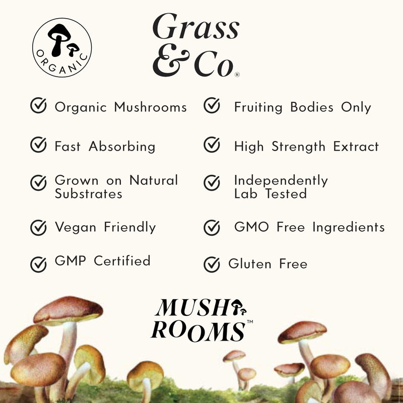 List of attributes of Grass & Co.'s Shiitake mushroom supplement capsules.