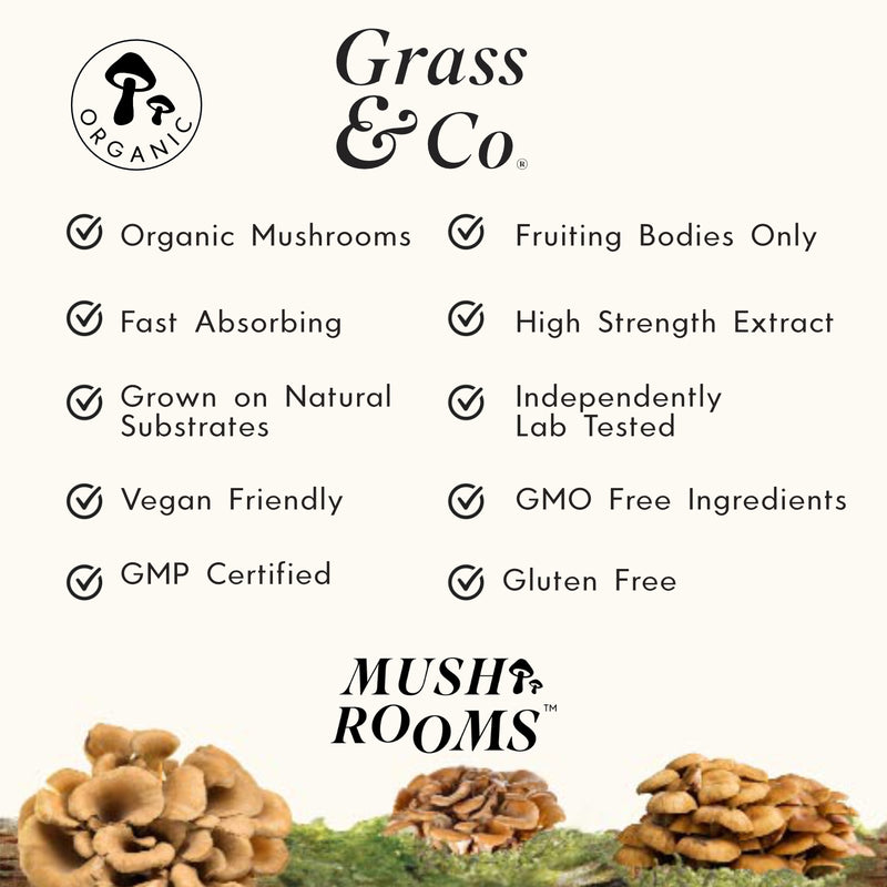 A list of attributes of Grass & Co.'s Maitake mushroom supplement capsules.